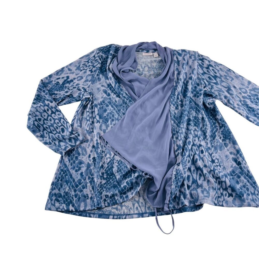 Lori Goldstein Blue Animal Print Long Sleeve Cardigan Open Flowy size Large